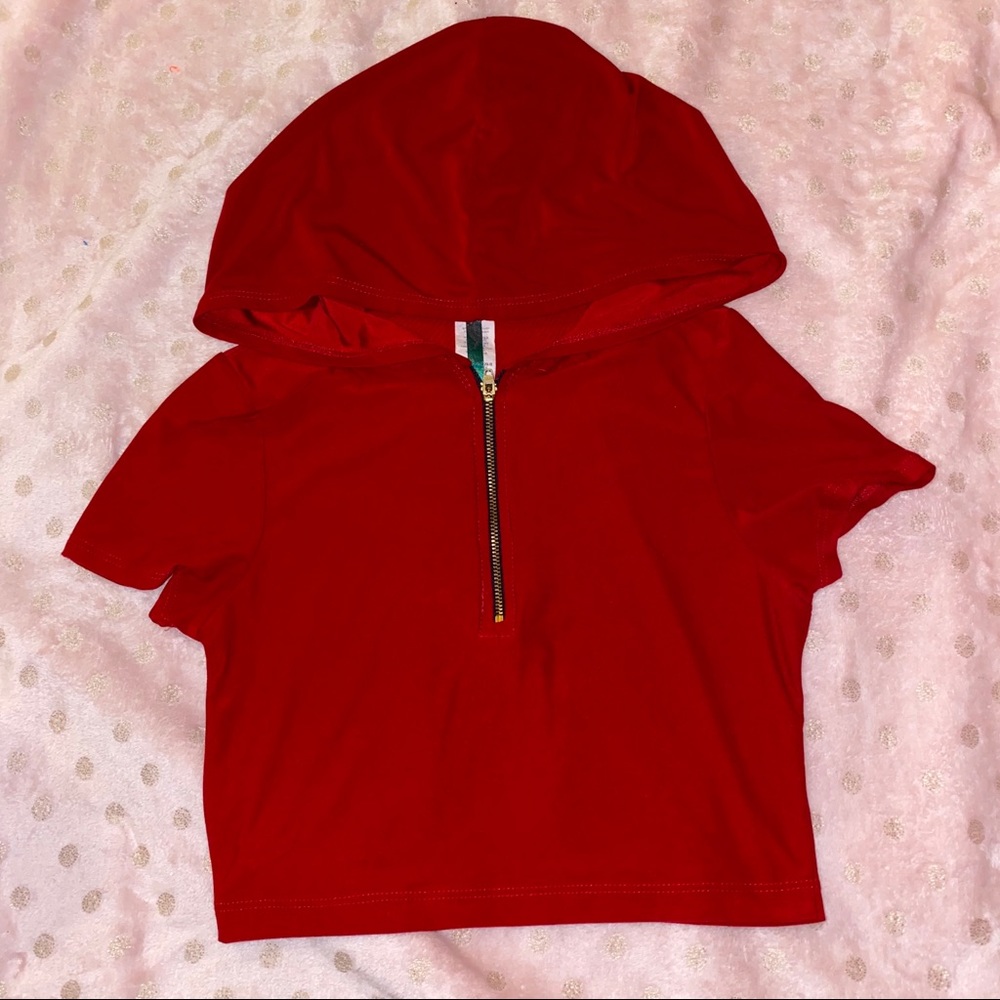 Red Crop Top with Golden Zipper and Hood